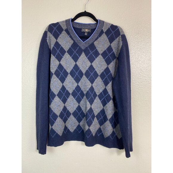 Glen Lyon 100% Cashmere Argyle V-Neck Sweater Men Size Large Blue Gray  Preppy - Picture 1 of 14